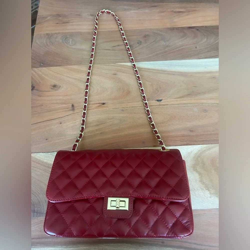 NWOT Red Italian Leather Handbag with Chain - Picture 5 of 5